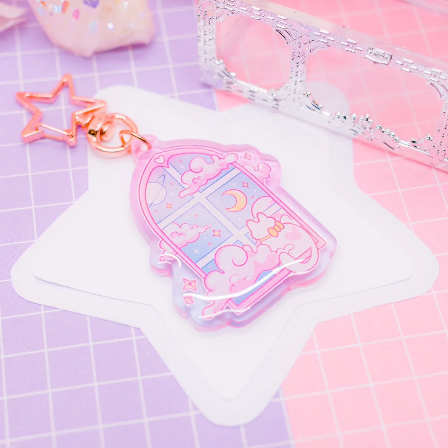 Pastel Dreams - Cat in the Window acrylic charm / keychain (gradient acrylic)