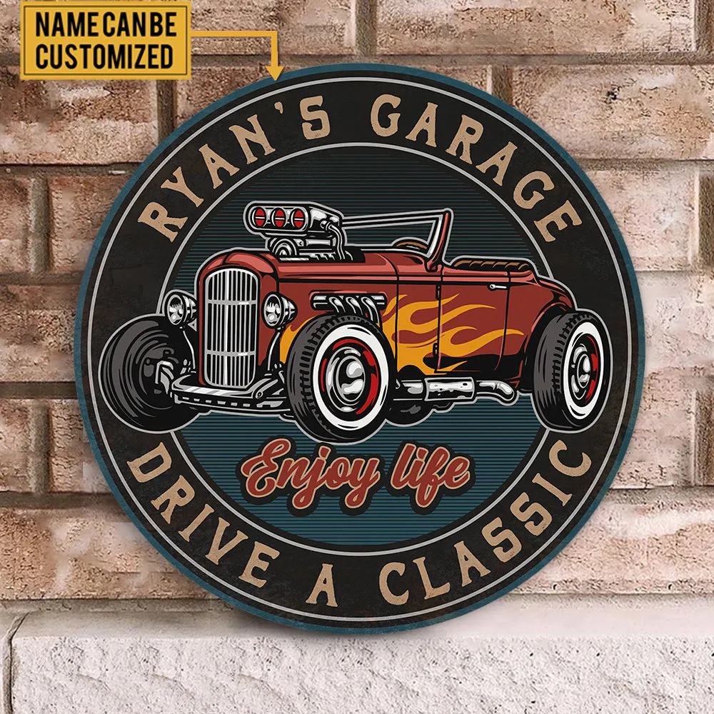Personalized Hot Rod Garage Wood Round Sign
