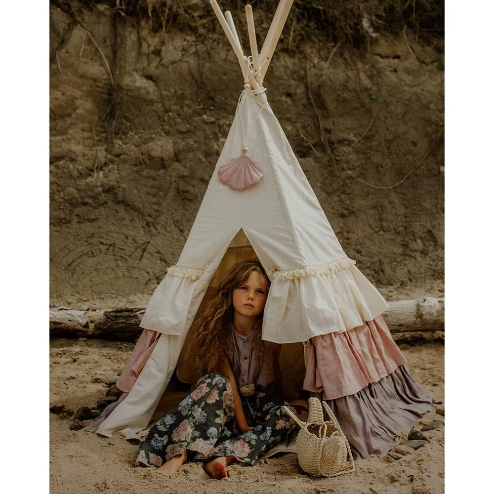 Powder Frills Teepee With Frills And Powder Pink Shell Mat Set - Beige, Pink & Grey