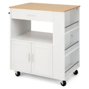 Rolling Kitchen Trolley with 3 Spice Racks Drawer and Open Shelf-White - Color: