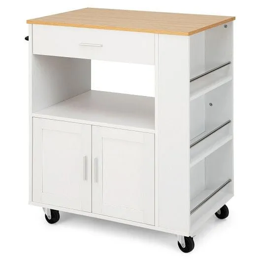 Rolling Kitchen Trolley with 3 Spice Racks Drawer and Open Shelf-White - Color: