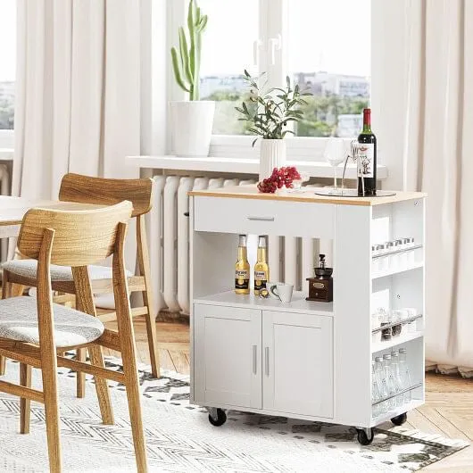 Rolling Kitchen Trolley with 3 Spice Racks Drawer and Open Shelf-White - Color: