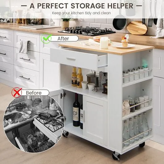 Rolling Kitchen Trolley with 3 Spice Racks Drawer and Open Shelf-White - Color: