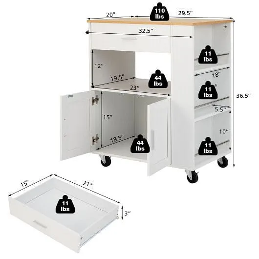 Rolling Kitchen Trolley with 3 Spice Racks Drawer and Open Shelf-White - Color: