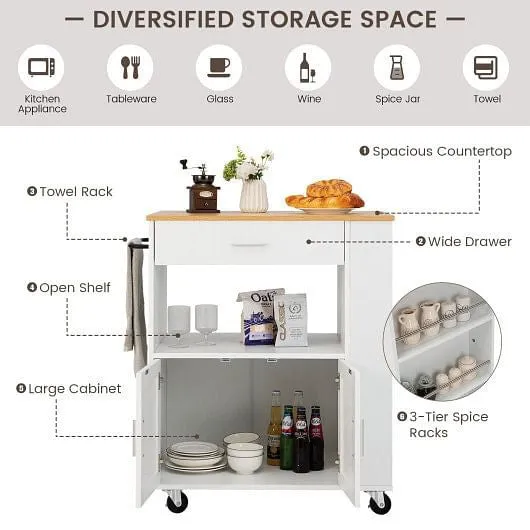 Rolling Kitchen Trolley with 3 Spice Racks Drawer and Open Shelf-White - Color: