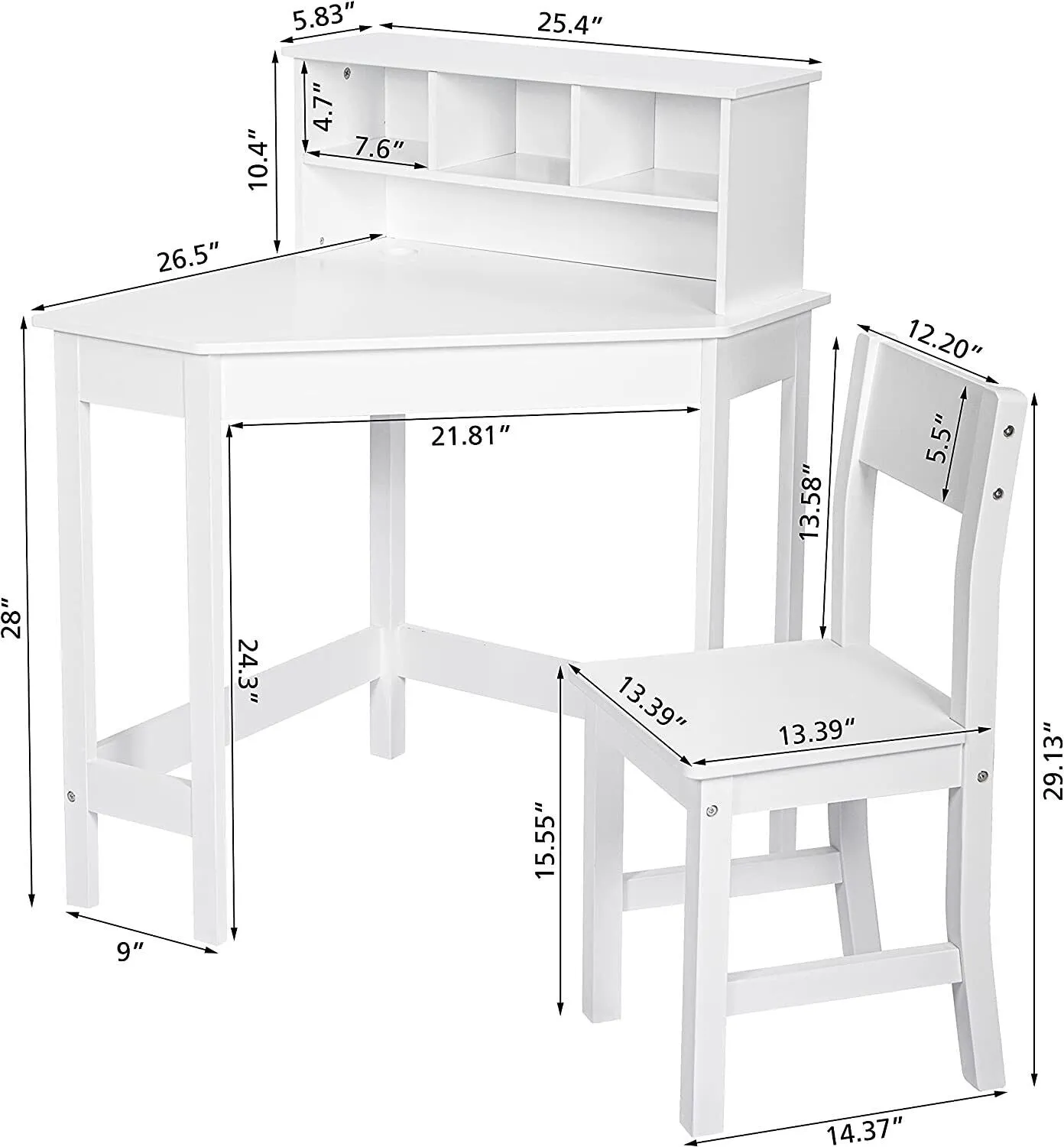 Scratch-resistant Space Saving Homework Desk | Corner Desk | Bureau | Storage & Chair | White