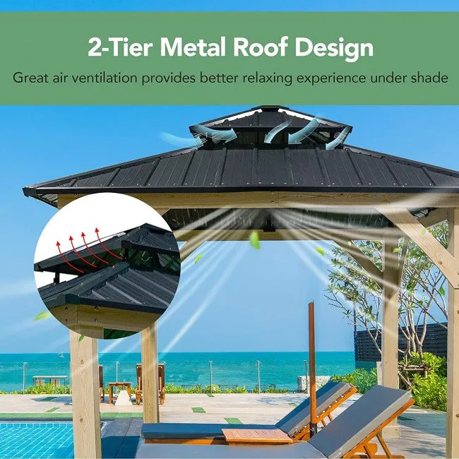 SilverCrate ™ 10 x 10 Feet Patio Pine Wood Hardtop Gazebo with Double Steel Roof for Outdoors