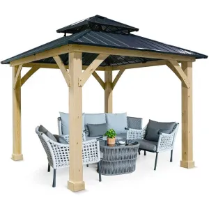 SilverCrate ™ 10 x 10 Feet Patio Pine Wood Hardtop Gazebo with Double Steel Roof for Outdoors