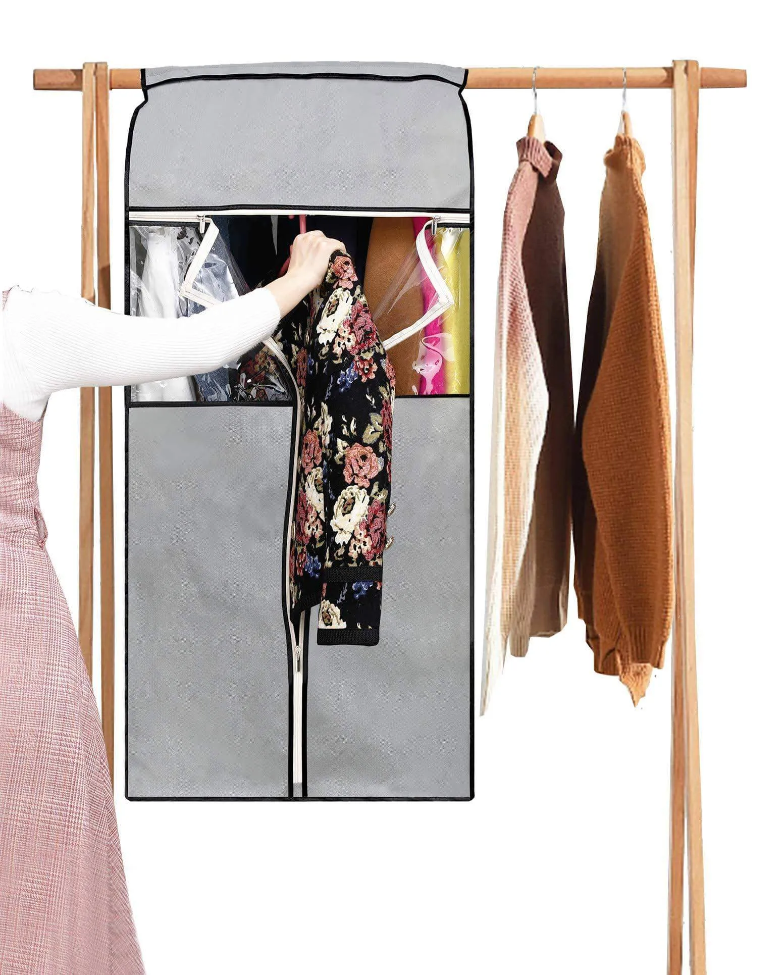 SLEEPING LAMB Garment Bag Organizer Storage with Clear PVC Windows Garment Rack Cover Well-Sealed Hanging Closet Cover for Suits Coats Jackets, Grey