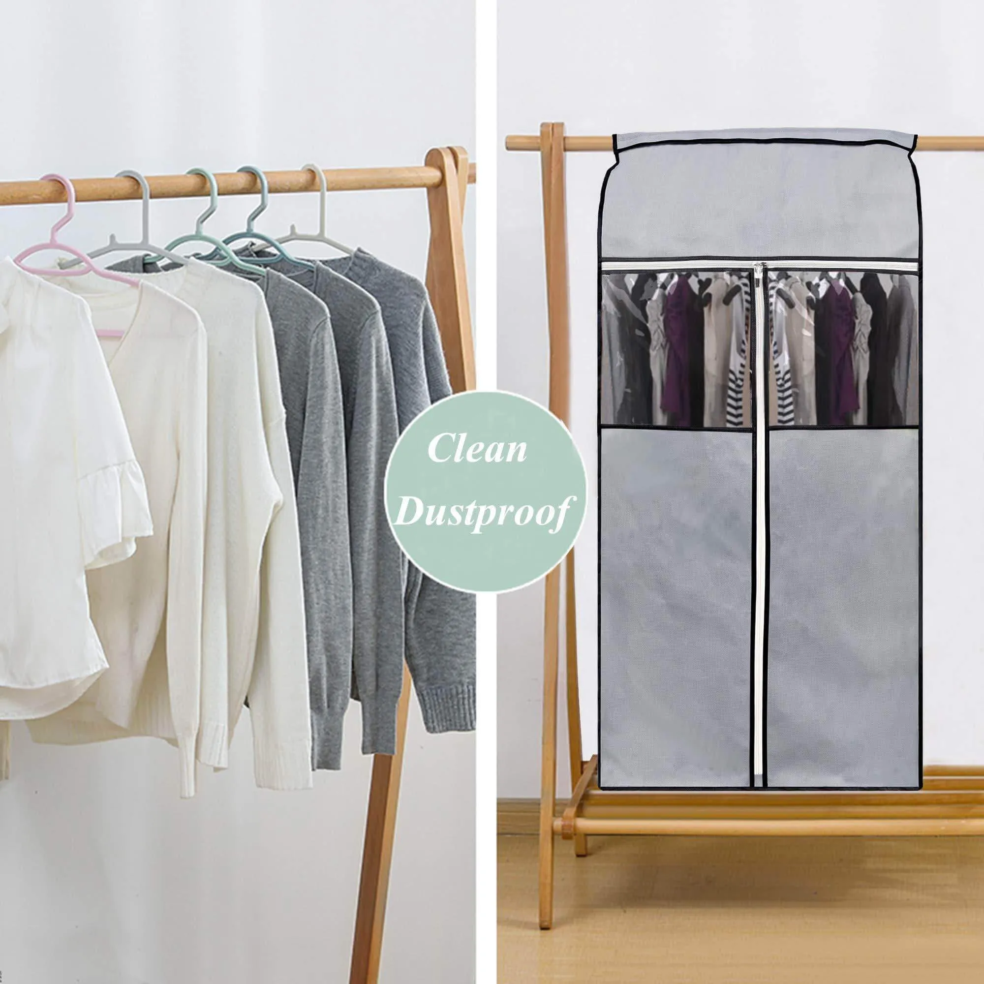 SLEEPING LAMB Garment Bag Organizer Storage with Clear PVC Windows Garment Rack Cover Well-Sealed Hanging Closet Cover for Suits Coats Jackets, Grey