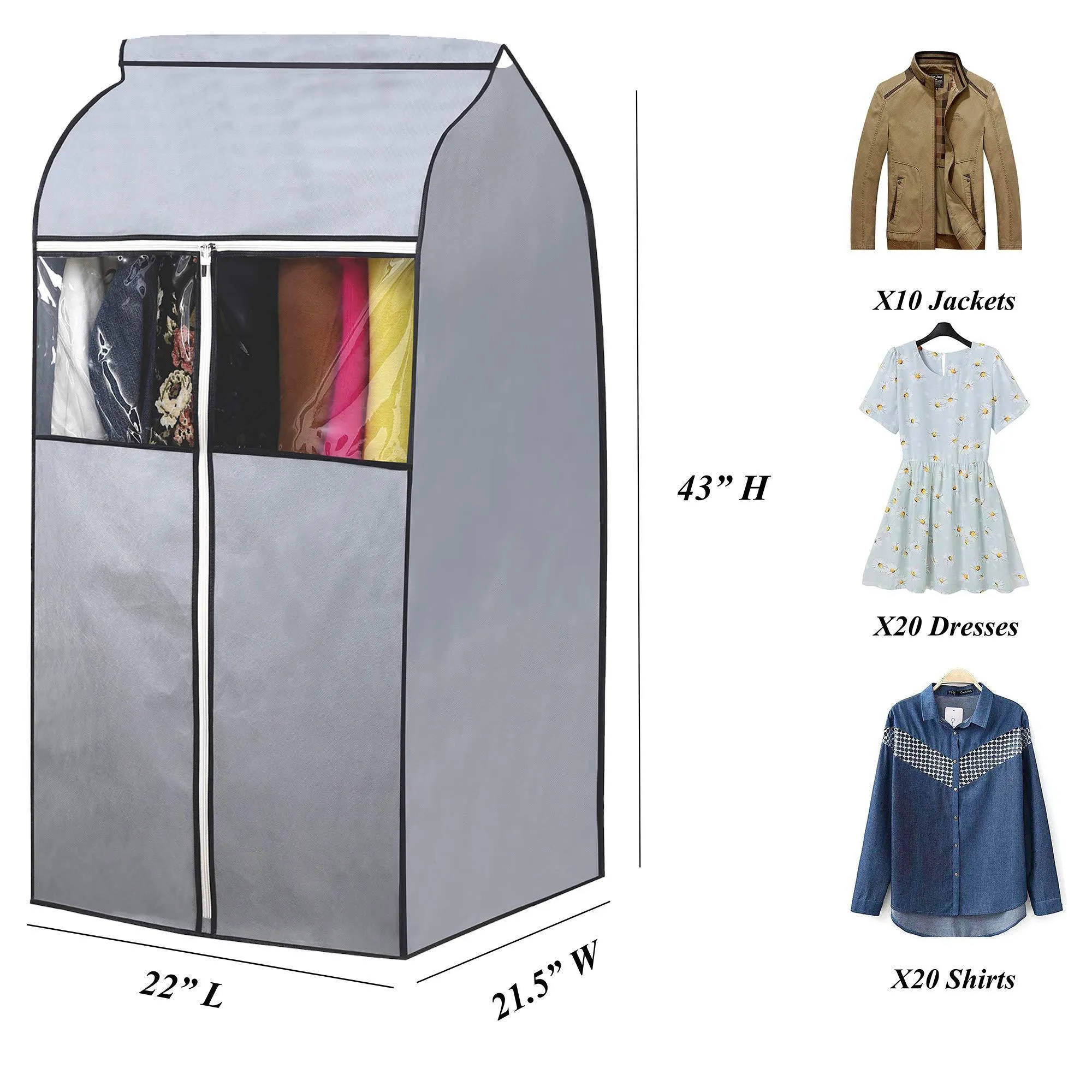 SLEEPING LAMB Garment Bag Organizer Storage with Clear PVC Windows Garment Rack Cover Well-Sealed Hanging Closet Cover for Suits Coats Jackets, Grey