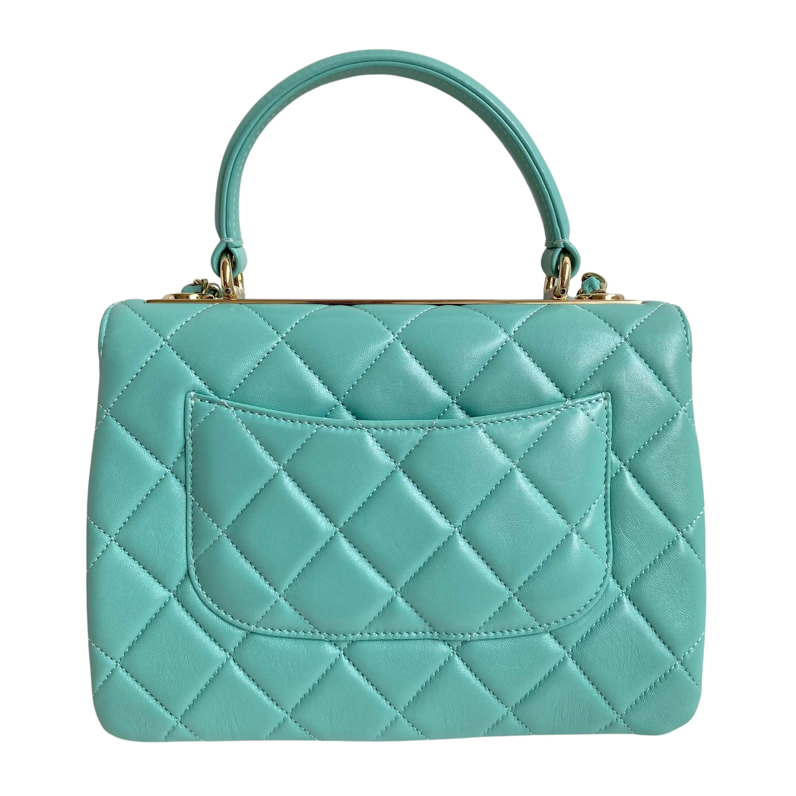 Small Trendy CC Flap Bag with Top Handle in Tiffany Blue Lambskin
