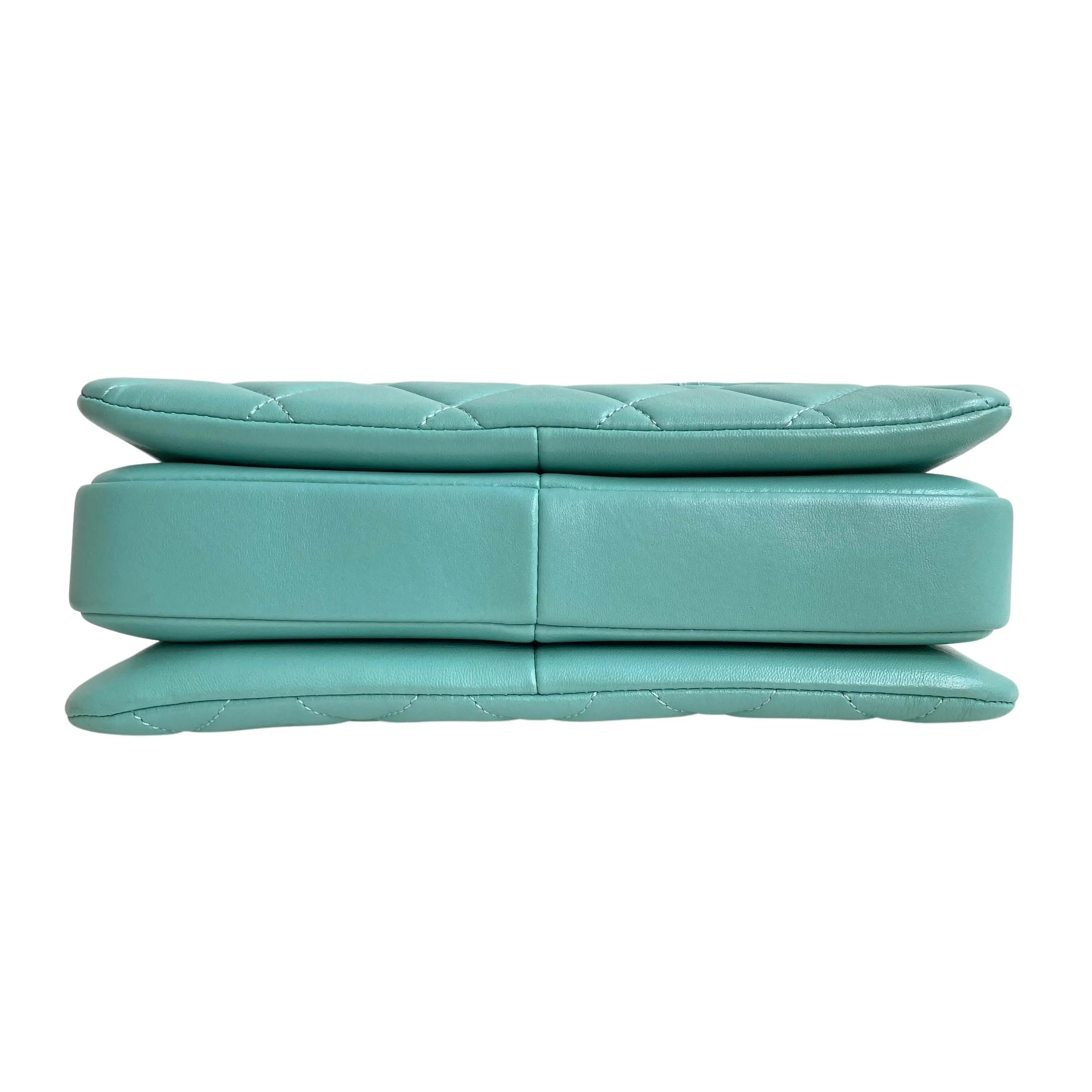 Small Trendy CC Flap Bag with Top Handle in Tiffany Blue Lambskin