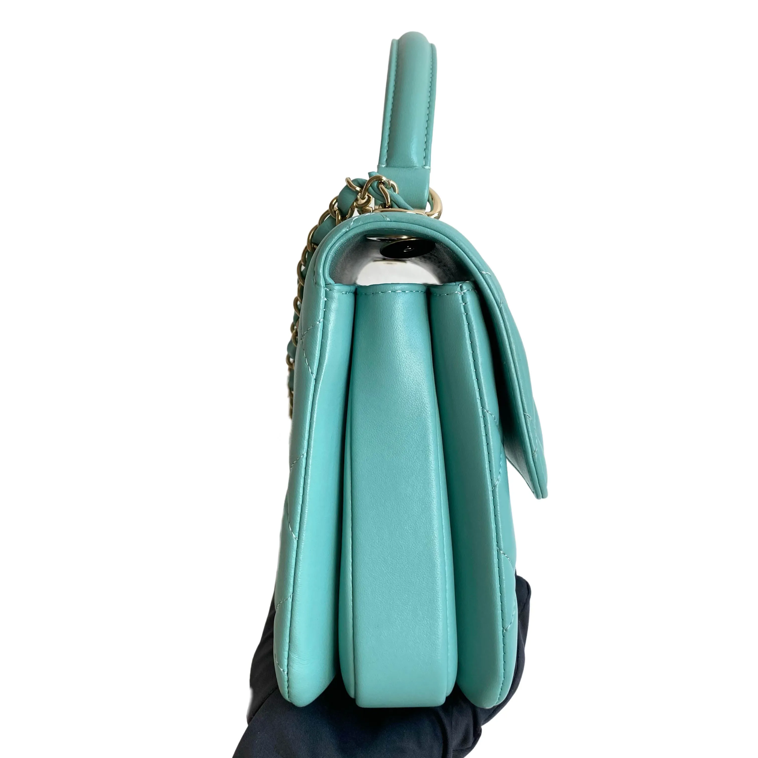Small Trendy CC Flap Bag with Top Handle in Tiffany Blue Lambskin