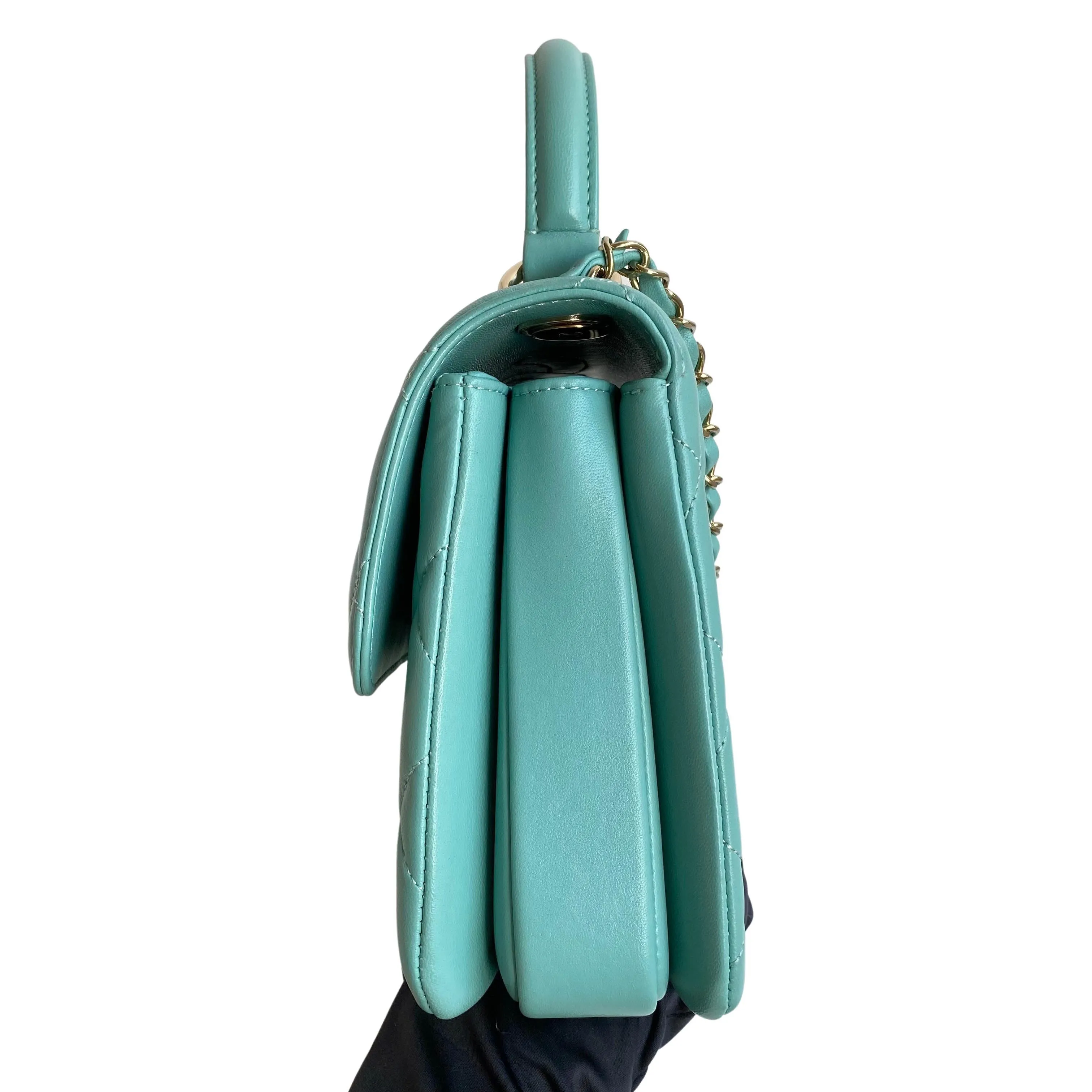 Small Trendy CC Flap Bag with Top Handle in Tiffany Blue Lambskin
