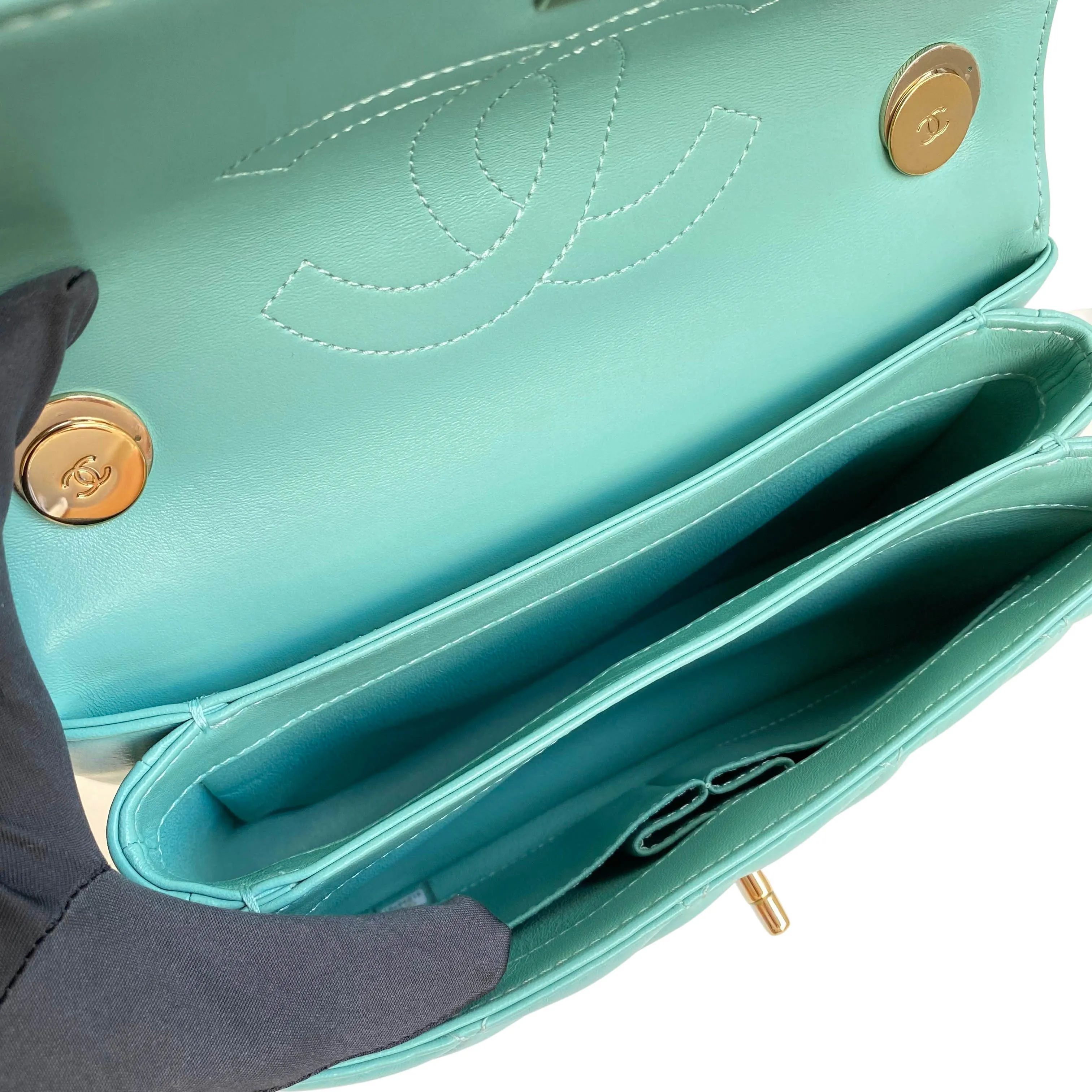 Small Trendy CC Flap Bag with Top Handle in Tiffany Blue Lambskin