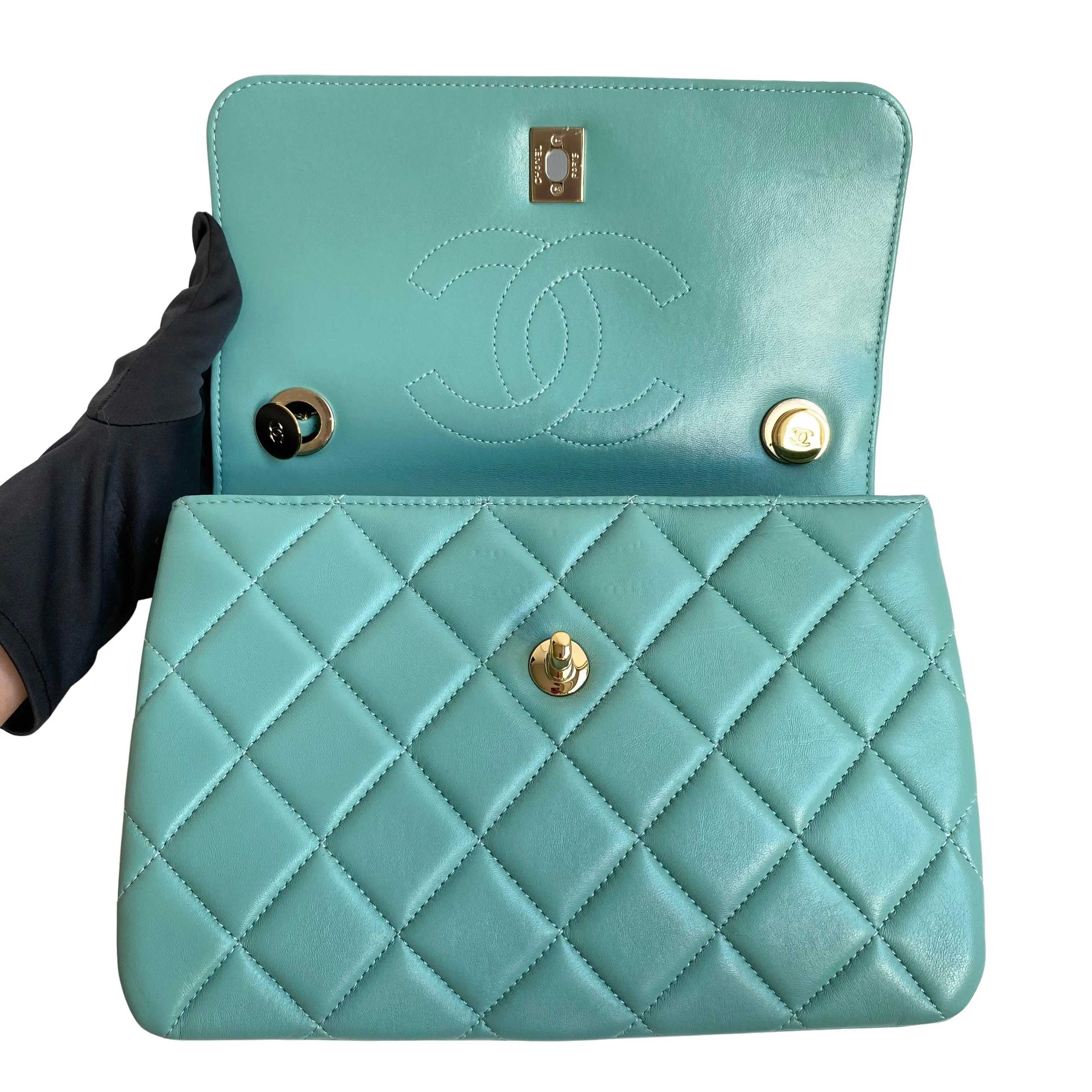 Small Trendy CC Flap Bag with Top Handle in Tiffany Blue Lambskin