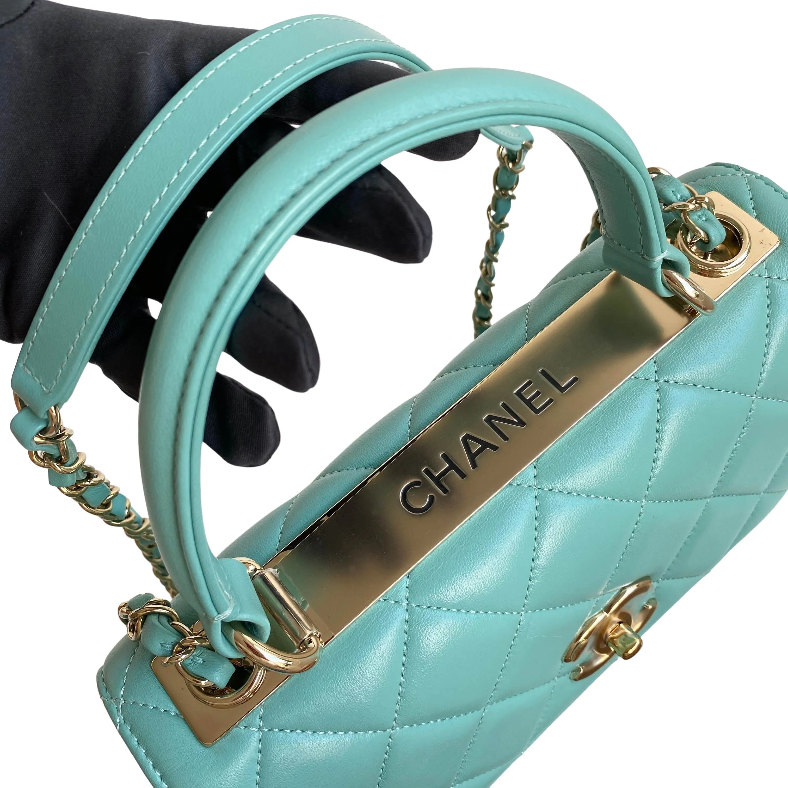 Small Trendy CC Flap Bag with Top Handle in Tiffany Blue Lambskin