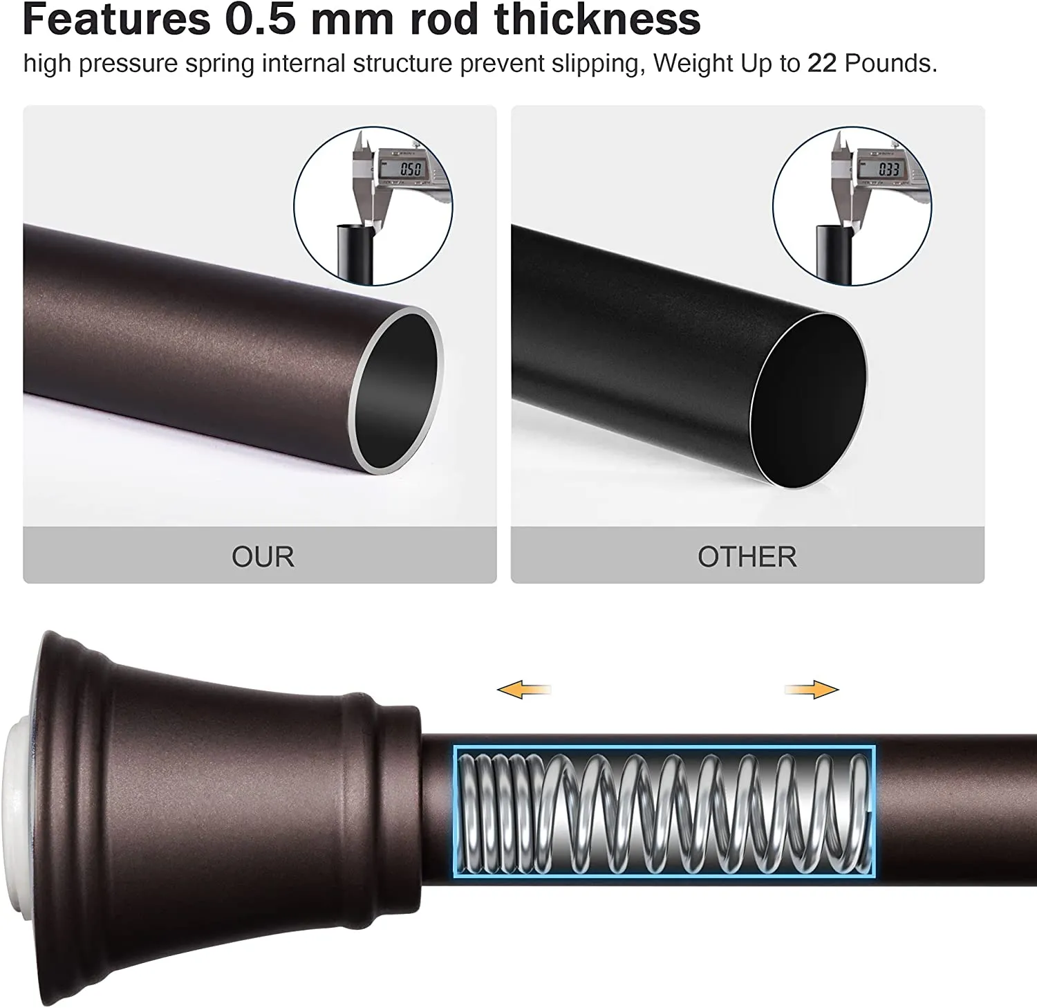 SZXIMU Spring Tension Curtain Rod 27-43 Inch, Never Rust and Non-Slip Shower Curtain Rods with Trumpet End, Bronze