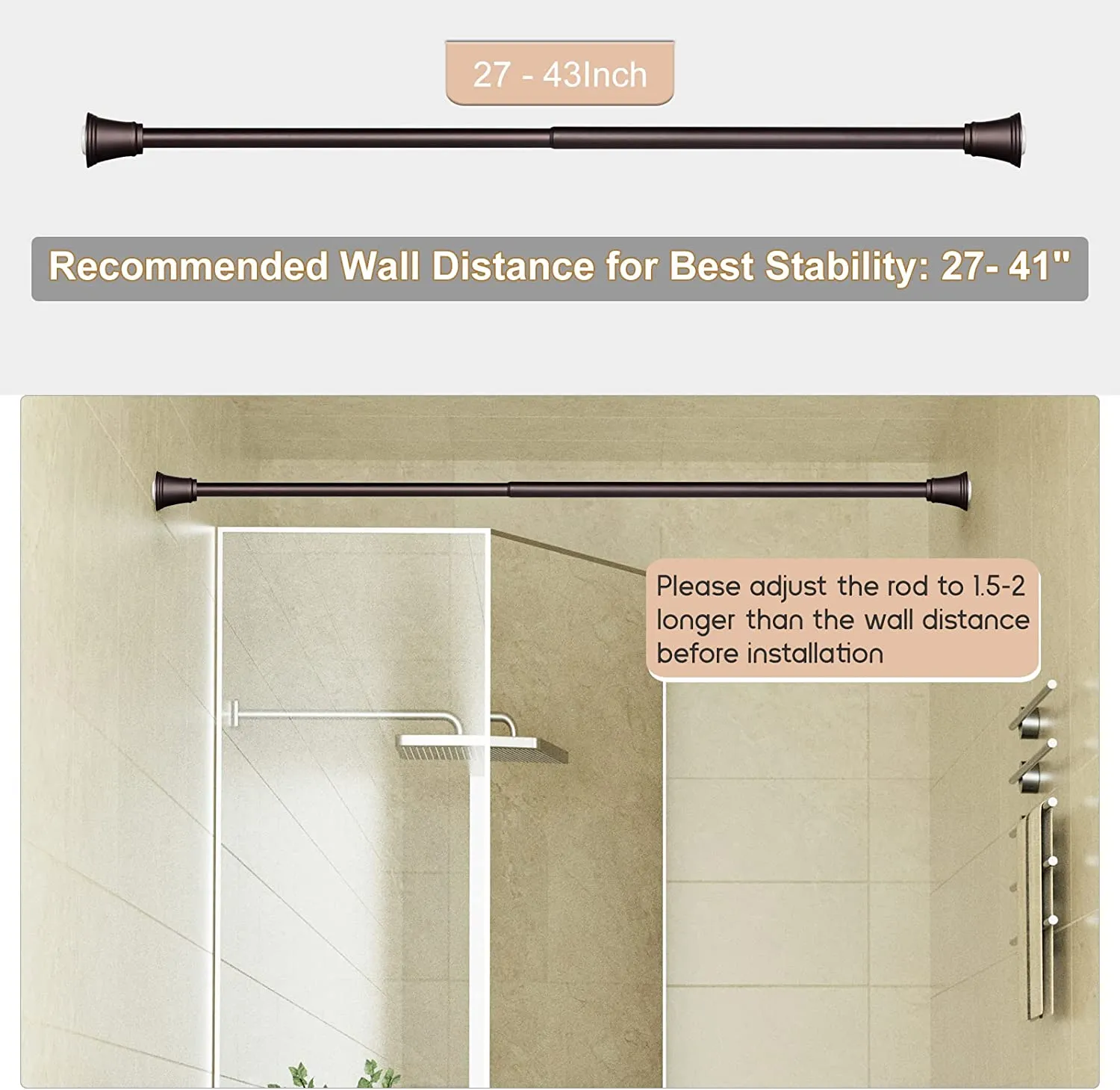 SZXIMU Spring Tension Curtain Rod 27-43 Inch, Never Rust and Non-Slip Shower Curtain Rods with Trumpet End, Bronze