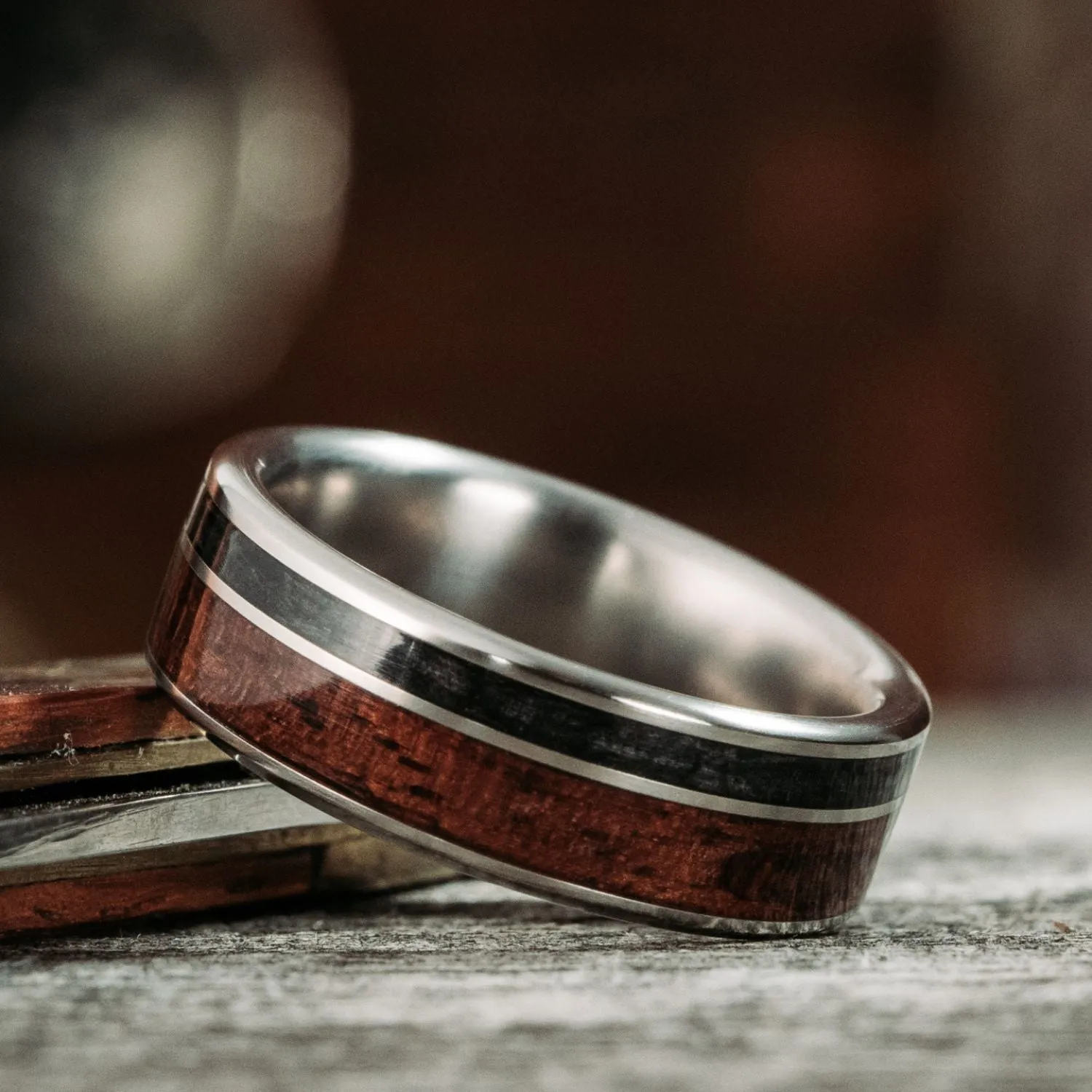 The Sentinel | Men's Titanium Wedding Band with 1903 Springfield Rifle Stock Wood & Whiskey Barrel