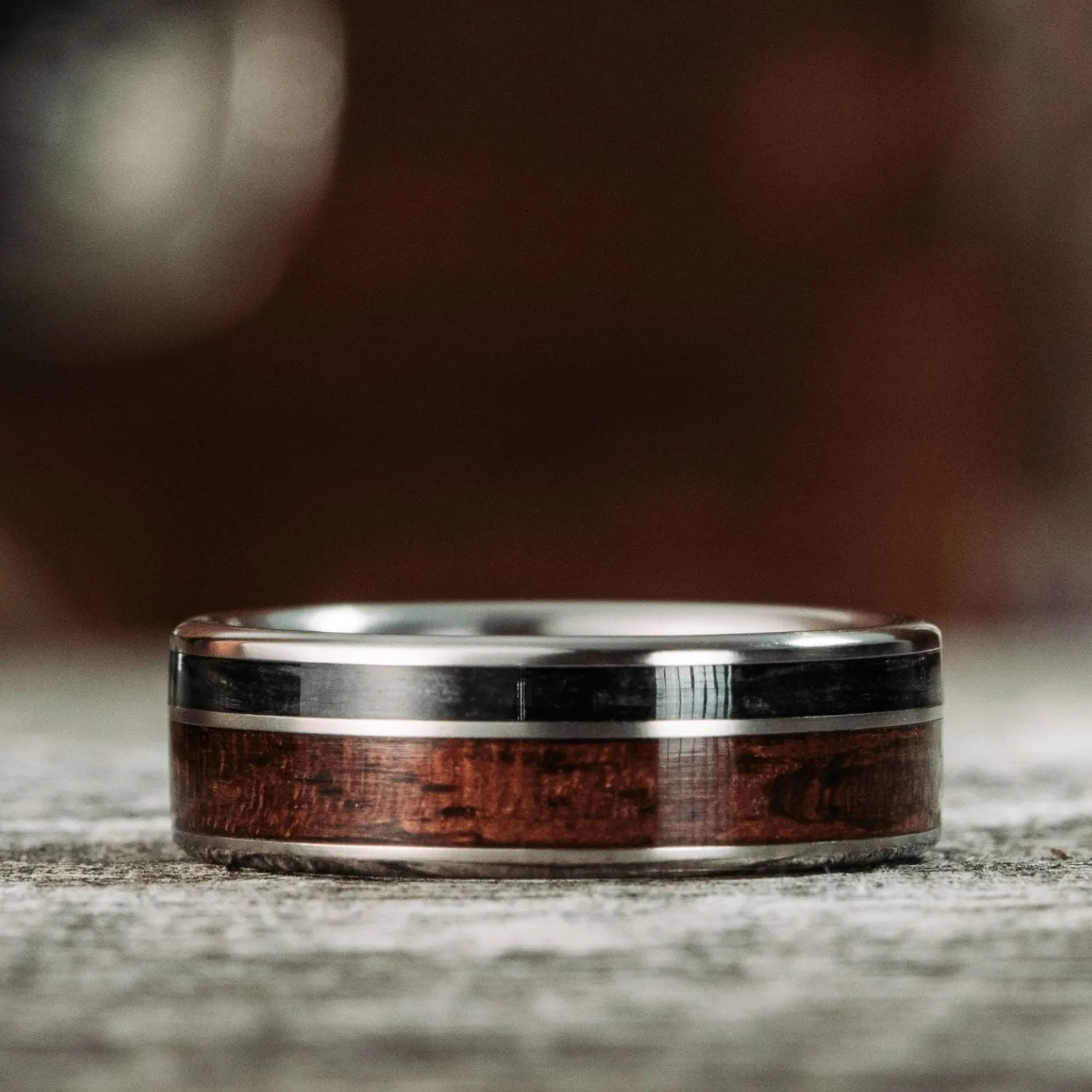 The Sentinel | Men's Titanium Wedding Band with 1903 Springfield Rifle Stock Wood & Whiskey Barrel