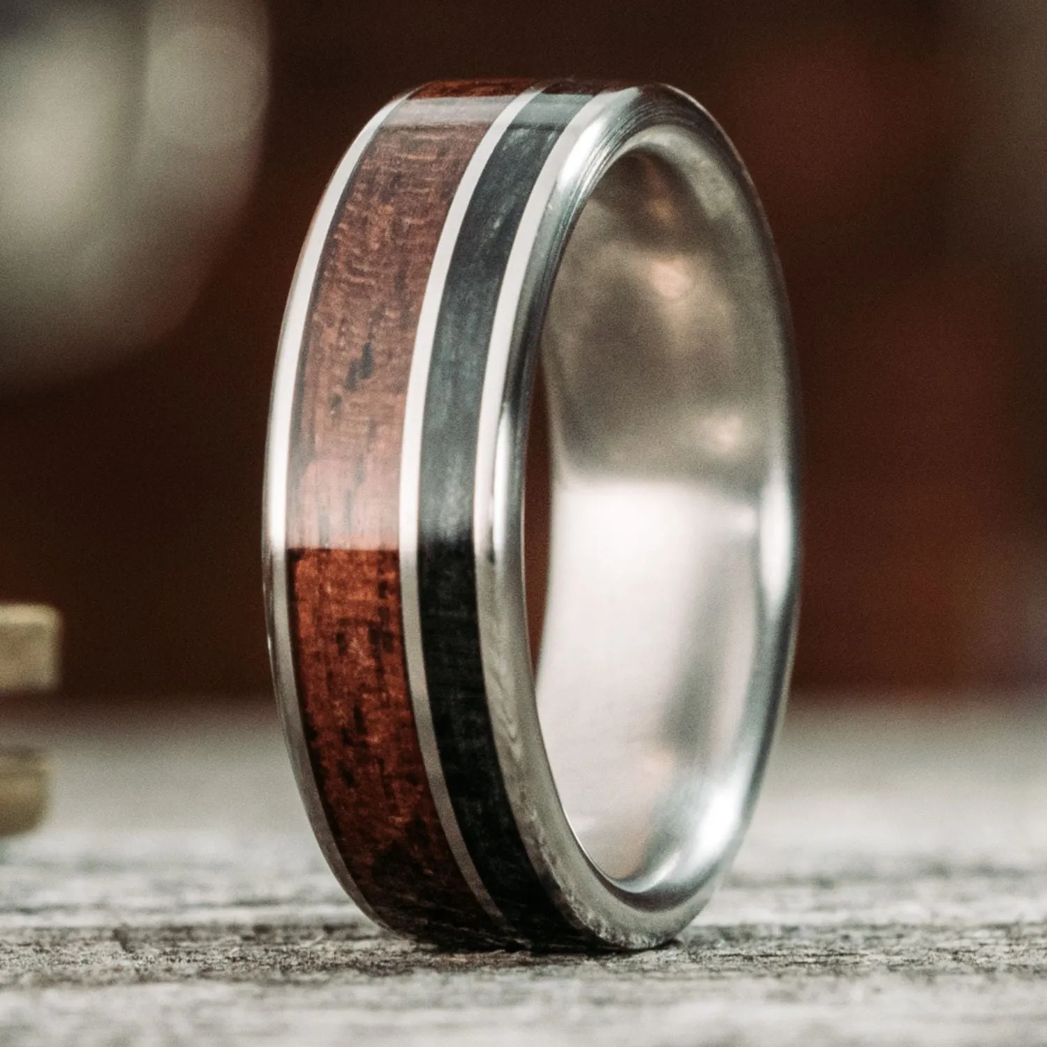 The Sentinel | Men's Titanium Wedding Band with 1903 Springfield Rifle Stock Wood & Whiskey Barrel