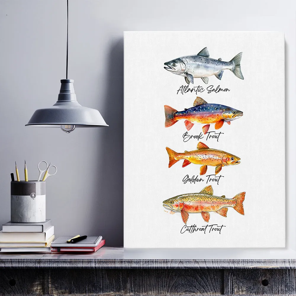 Trout Fishing Watercolor Art Fly Fishing Trout Painting Colorful Canvas