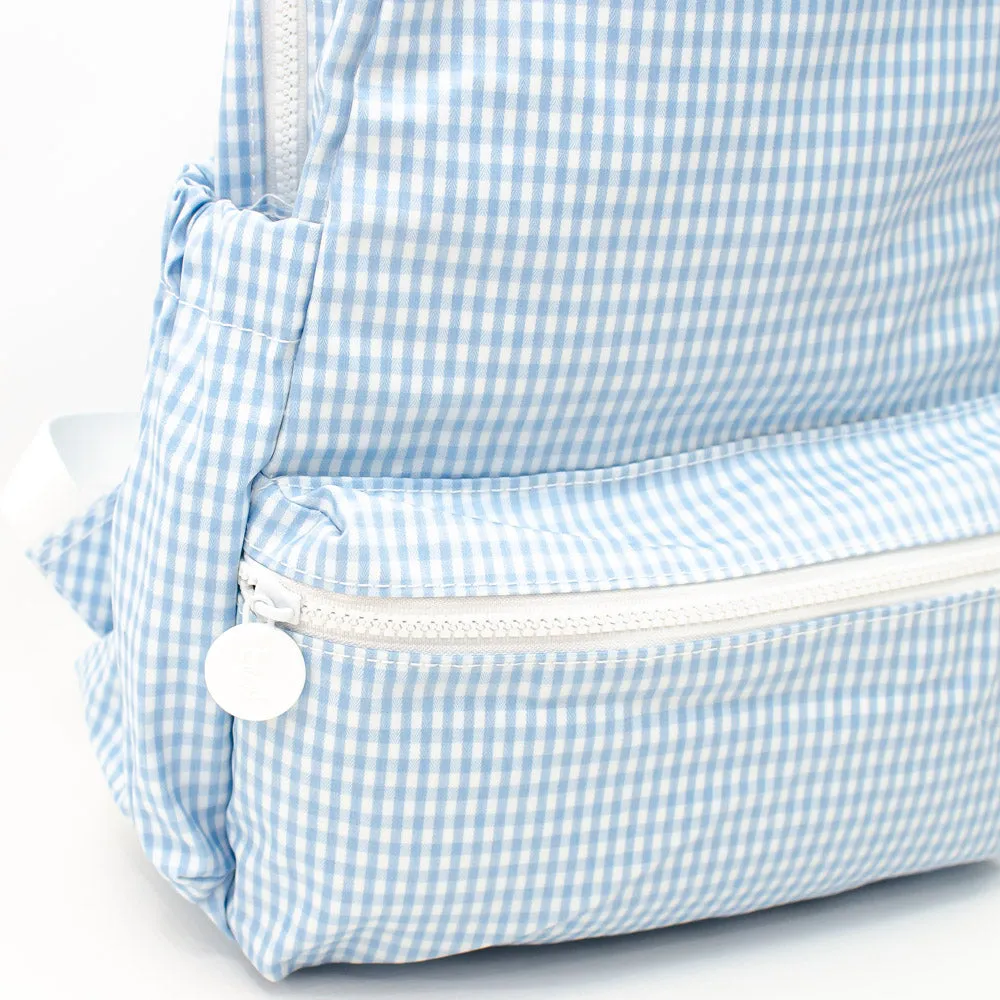 TRVL Design - Light Blue Mist Gingham Backpacker - Monogrammed Baby Gift - Light Blue Baby Boy Diaper Bag