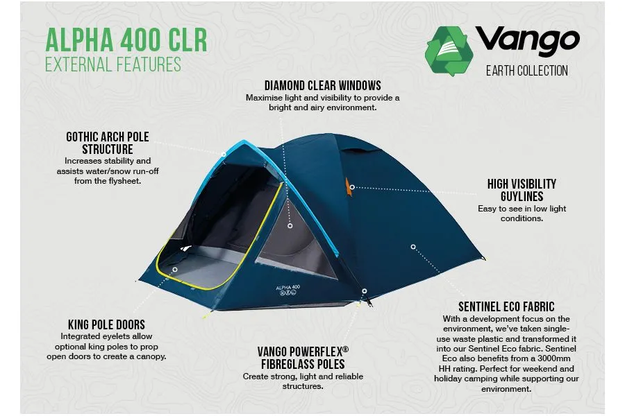 Vango "Alpha 400 CLR" 4 Person Tent (in Blue) ***SENTINAL ECO FABRIC***