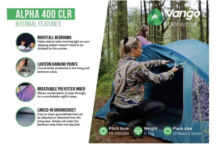 Vango "Alpha 400 CLR" 4 Person Tent (in Blue) ***SENTINAL ECO FABRIC***