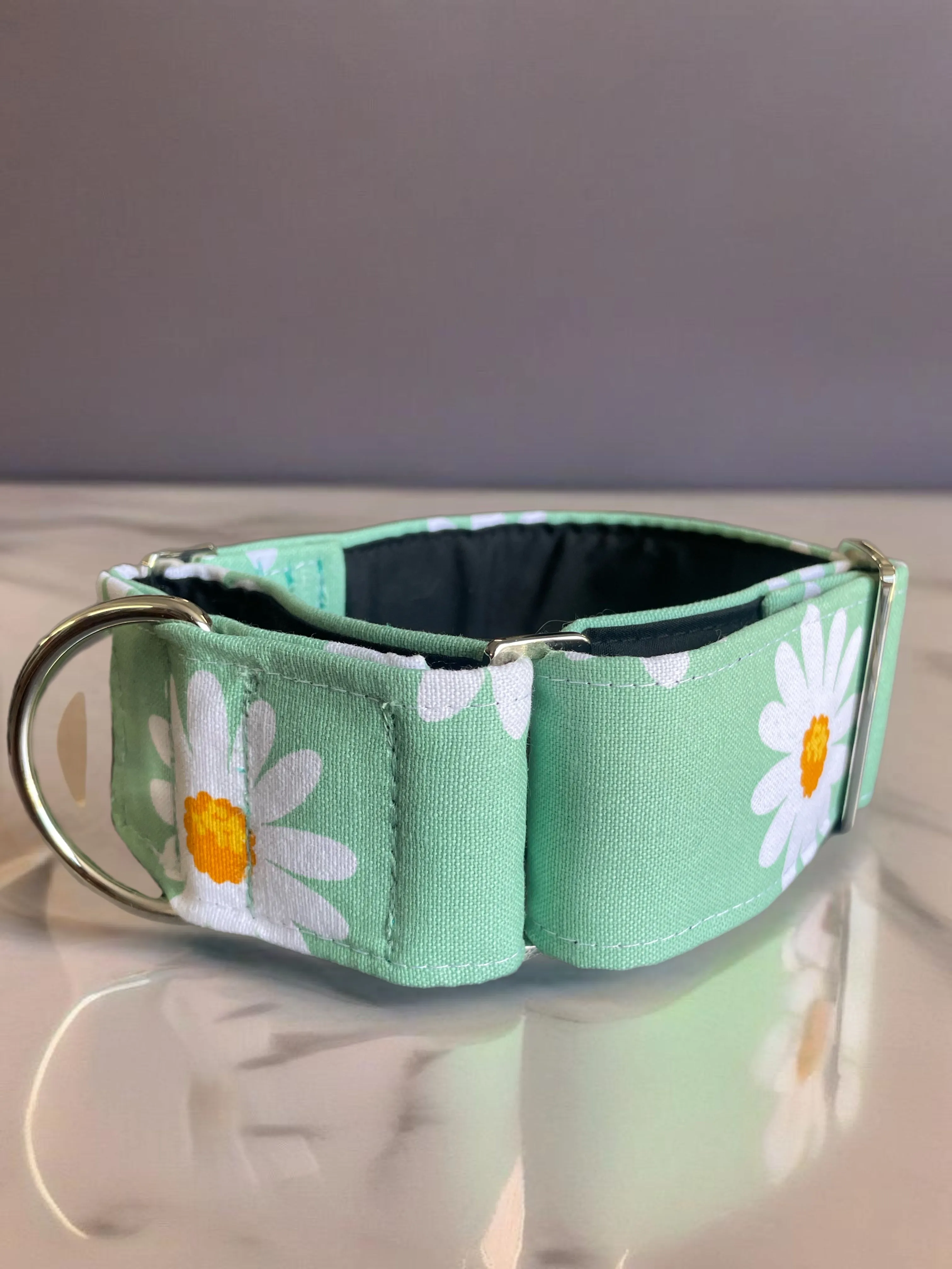 Wide Martingale collar daisies on sage sturdy cotton 50mm width