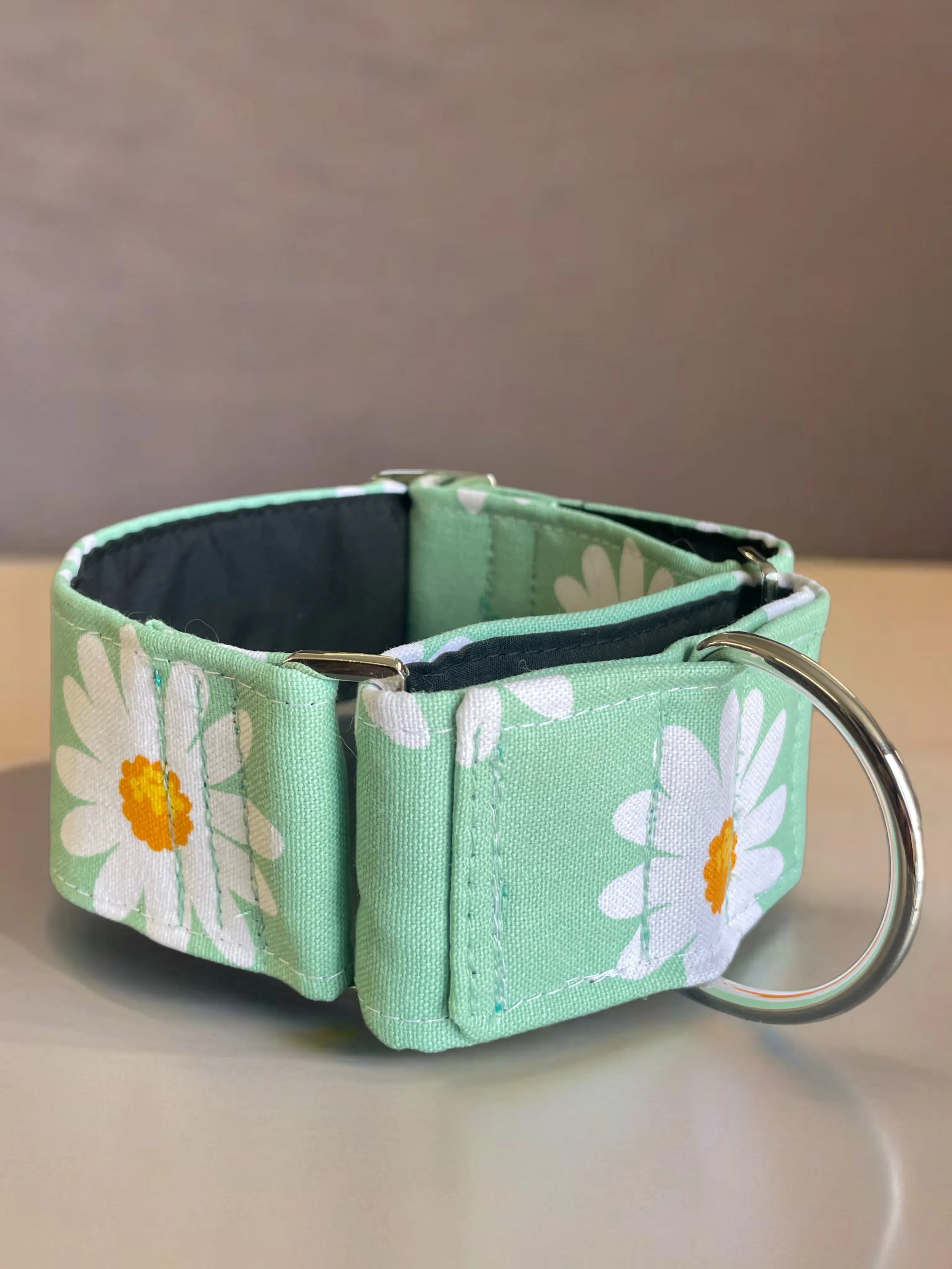 Wide Martingale collar daisies on sage sturdy cotton 50mm width